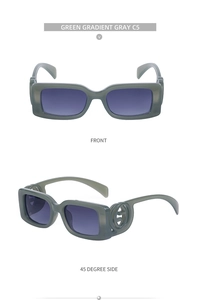Detail view of retro rectangle sunglasses with green frames and purple gradient lenses