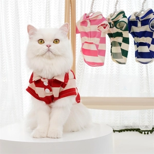 Close-up of colorful striped pet polo shirts with breathable knit texture and classic collars