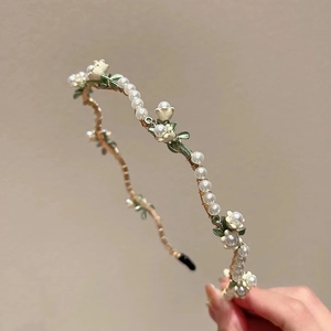 Handmade flower pearl headband with elegant white enamel blossoms and gold metal frame