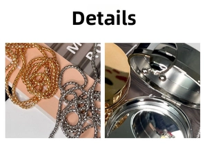 Detail of round metal mirror box with golden and silver woven metal chains for portability