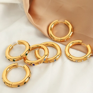 Boucles d'Oreilles Créoles Rondes Géométriques Plaquées Or 18K Vintage Français Femmes Acier Titane Zirconia Bijoux Cadeau