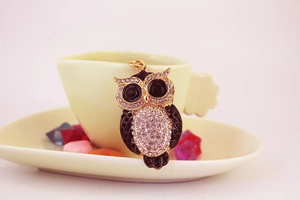 Detail of a golden owl keychain with sparkling rhinestones resting on a ceramic teapot