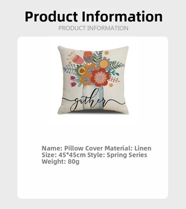 Close-up of linen pillowcase texture featuring gather text and floral vase pattern