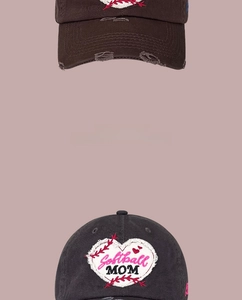 Detail of vintage charcoal and brown baseball caps featuring heart Softball MOM patches