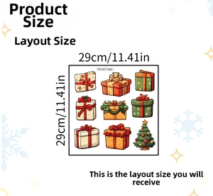 Christmas gift box and tree decals display with 29cm layout dimensions for windows