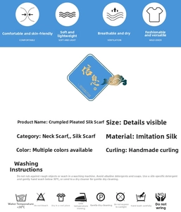 Detail guide showing pleated faux silk scarf washing instructions and rolled edge quality