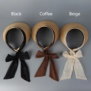 Straw open-top sun hats with silk ribbons and pearls in black, coffee, and beige colors