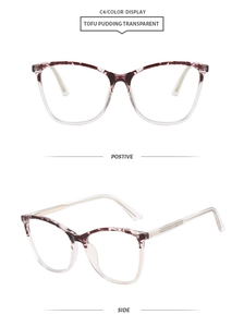 Detail view of cat-eye TR90 glasses frame in transparent red pattern showing front and side