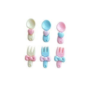 Miniature pink blue beige resin spoon and fork set with heart bow details for DIY crafts