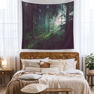 Bohemian misty forest tapestry for bedroom wall hanging decoration in deep green tones