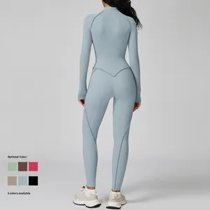 Body da yoga azzurro aderente con collo alto, maniche lunghe e cucitura a V sulla schiena