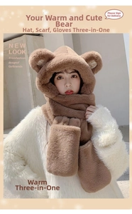 Close-up of brown plush bear hood 3-in-1 set including scarf and thick mittens