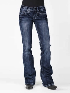 Slim fit American vintage flare jeans for women in dark blue with subtle distressed details