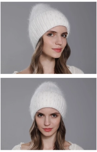 Close-up of white rabbit fur knit beanie showing soft fuzzy texture and silver bead details