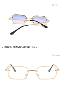 Front and back views of gold metal sunglasses frames with C4 blue gradient lenses