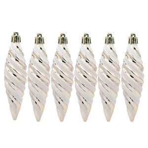 Detail of six spiral icicle Christmas ornaments in pearl white and champagne gold glitter
