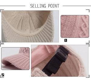 Close-up of knit baseball cap showing cable knit texture, sweatband and adjustable back strap