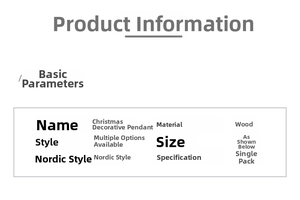 Detailed chart showing Nordic style wooden Christmas house ornaments and product specs