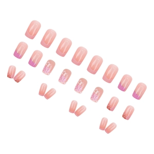 French tip cherry blossom glitter gradient short square press-on nails set of 24 pieces