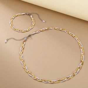 Detailed set of twisted snake chain necklaces and bracelets in gold silver and rose gold