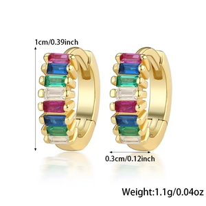 Detailed size view of gold huggie earrings with colorful rectangular zirconia crystals
