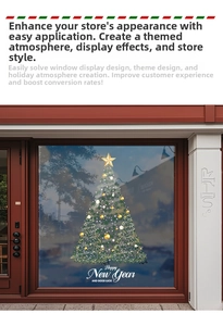 Detailed Christmas tree window sticker with golden stars and Happy New Year greeting
