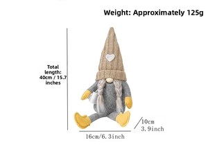 Detailed dimensions of the heart knit gnome showing height 15.7 inch and width 6.3 inch