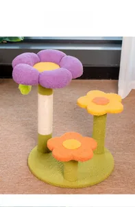 Detail view of flower-shaped cat tree with white sisal scratching post and soft plush fabric