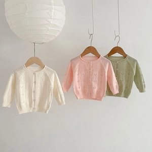 Gilet Tricoté Ajouré Couleur Unie Bébé Fille Nourrisson Manches Longues Col Rond Bouton Protection Solaire