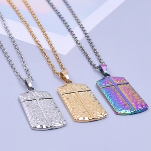 Rainbow, gold, and silver hammered cross pendant necklaces in stainless steel