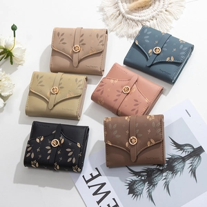 Three-fold PU leather leaf print wallets for women in six colors with gold metal leaf buckle
