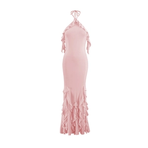 Robe longue sirène rose à licou avec des volants multicouches et coupe ajustée