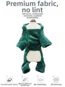 Detail of green fleece pet suit featuring soft plush texture and elastic cuffs for warmth