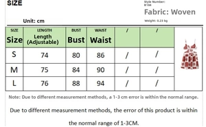 Tabella taglie per abito a trapezio a fiori con misure S, M, L in centimetri