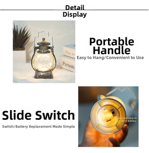 Detail view showing metal handle, power switch and battery slot of LED vintage lantern