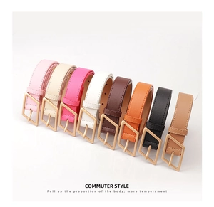 Collection of colorful PU leather belts with golden geometric buckles in various stylish shades