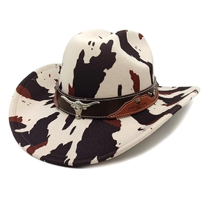 Western Cowboy Hat Cow Leopard Print Wide Brim Felt Fedora Leather Band Metal Bull Head Retro Streetwear Jazz Hat