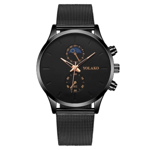 Sleek black men's quartz watch with rose gold indices and stainless steel mesh band