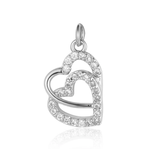 Silver double heart pendant with sparkling cubic zirconia on white background with reflections