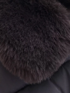 Gros plan sur la texture du col en fausse fourrure brun foncé d'une doudoune courte