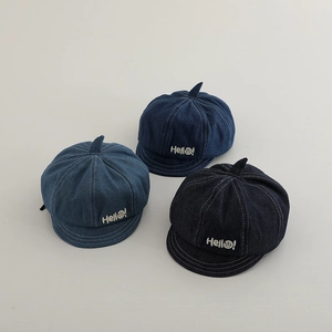 Three colors of denim baby newsboy caps with Hello embroidery and cute pointed tops
