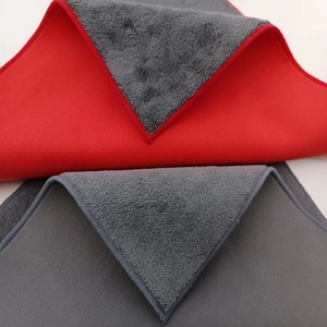 Double-sided microfiber car wash cloth in red and grey with plush coral fleece texture