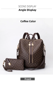 Front view of coffee geometric print backpack and matching clutch with gold zippers