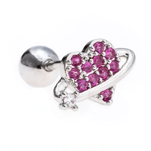 Detailed view of silver heart planet stud earring with pink and white zircon stones