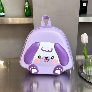 Detail view of cartoon purple hardshell toddler backpack with dog face and LED light feature