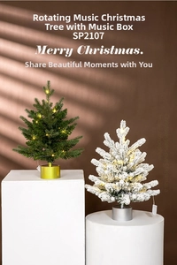 Rotating musical Christmas tree with warm LED lights in green and white flocked styles