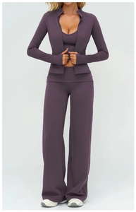 Deep purple 3-piece yoga set with zip jacket, thumbhole sleeves, and wide-leg pants