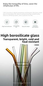 Detail view of colorful heat-resistant borosilicate glass straws in straight and bent shapes