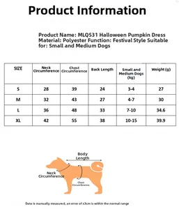 Detailed size chart for Halloween pumpkin pet dress with dog measurement guide