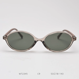 Front view of oval tea-colored sunglasses showing model W72345 C9 and size 53-18-143